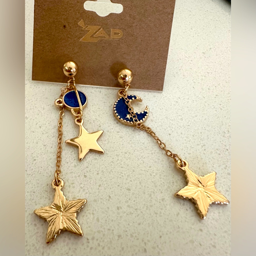 Earrings From Zad Artist-Golden And Blue- Moon And Stars-New With Tag 8$